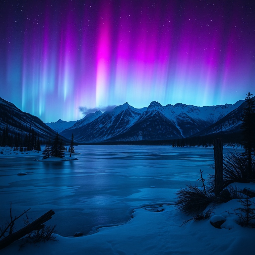 Frozen lake under aurora