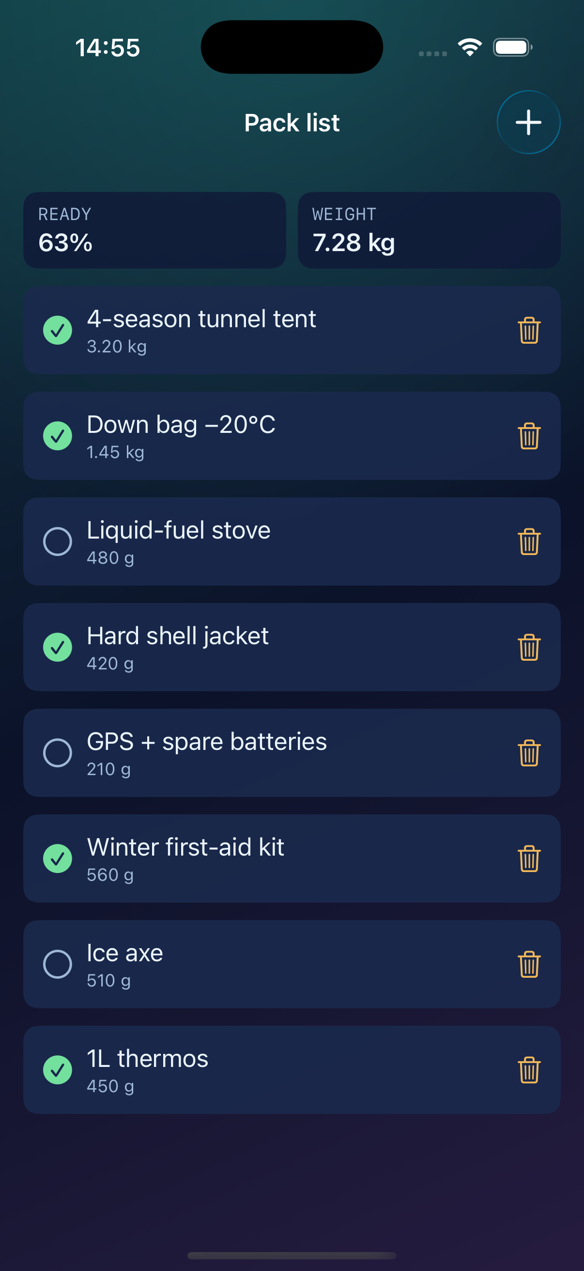 Pack list screen